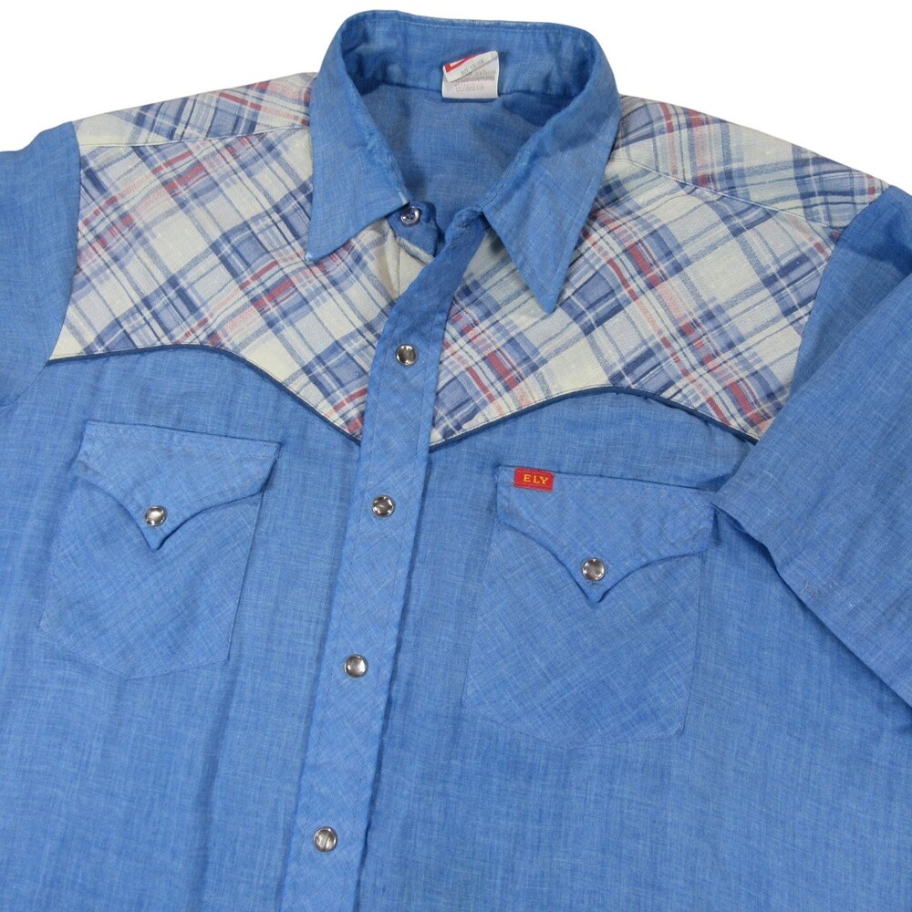 Vintage Ely Plains Mens Pearl Snap Shirt L 16/16.5 Light Blue Plaid Short Sleeve